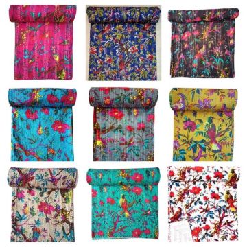 Bohemian Bird Multi Handmade Cotton Kantha Quilt 