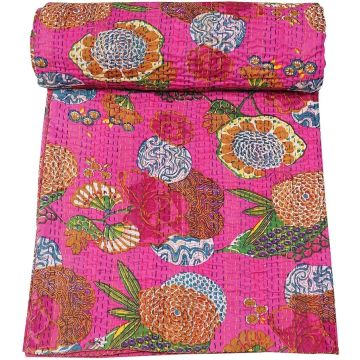 Bohemian Tropical Pink Handmade Cotton Kantha Quilt 90" x 108"