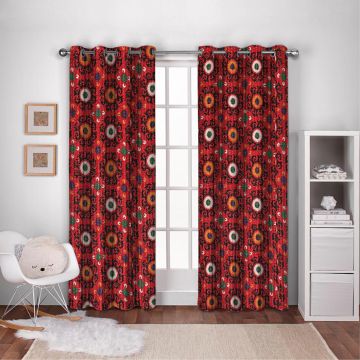 Rugsville Cotton Suzani Red Handmade Jaipur Kantha Quilted Curtain 7 Feet