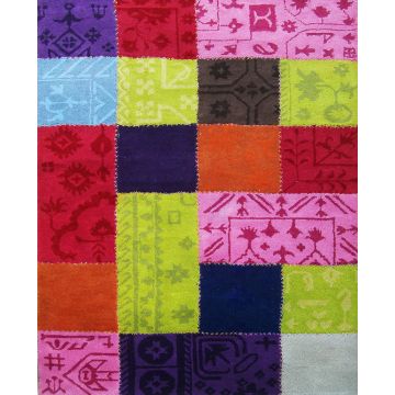 Rugsville Patchwork Green Red Blue Wool Carpet 4' x 6'