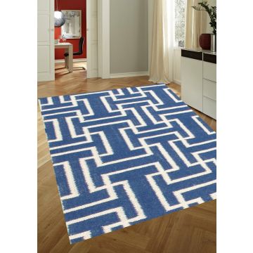 Rugsville Blue Maze Designer Wool Dhurrie Carpet 13710