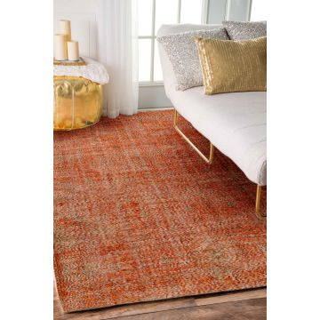 Rugsville Vintage Patchwork Overdyed Orange Wool Carpet 5' x 8'