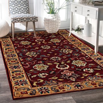 Persian Mashad Brugrundy Gold Hand Knotted Wool Carpet 3' x 5'