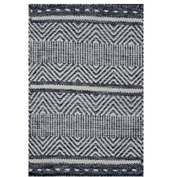 Rugsville Grass Loom Black Hand Made Wool Dhurrie Carpet