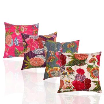 Rugsville Ethnic Kantha Floral Assorted Cushion cover 16"x16" 4 pc Set