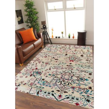 Rugsville Persian Heriz Hand Knotted Sari Silk Ivory Carpet 6' x 9'