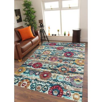 Tribal Ikat Sari Silk Hand Knotted Blue Carpet 4' x 6'