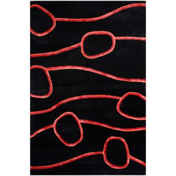 Rugsville Modish Black Abstract Wavy Lines Wool & Silk Rug 5' x 8'