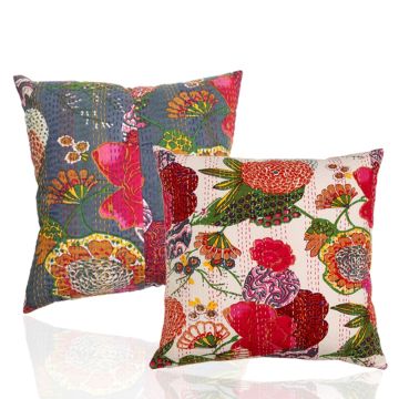 Rugsville Ethnic Kantha Floral Assorted Cushion cover 16"x16" 2 pc Set
