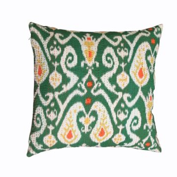 Rugsville Kantha Ikat Green Cotton Pillow Cover 16" x 16"