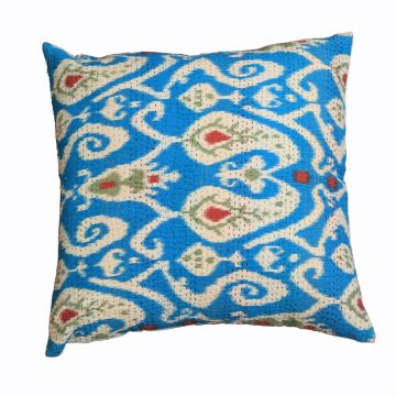 Rugsville Kantha Ikat Cotton Blue Pillow Cover 16" x 16"