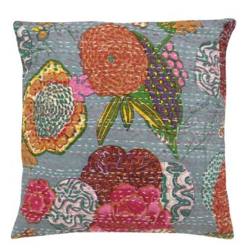 Rugsville Ethnic Kantha Floral Blue Cushion cover 16"x16"
