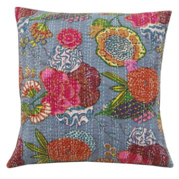 Rugsville Ethnic Kantha Floral Blue Cushion cover 16"x16" 5 Pc set