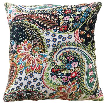 Rugsville Kantha Work Paisley Cotton Black Cushion cover 16"x16"