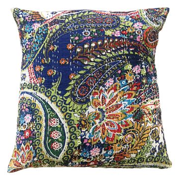 Rugsville Kantha Work Paisley Cotton Blue Multi Cushion cover 16"x16"