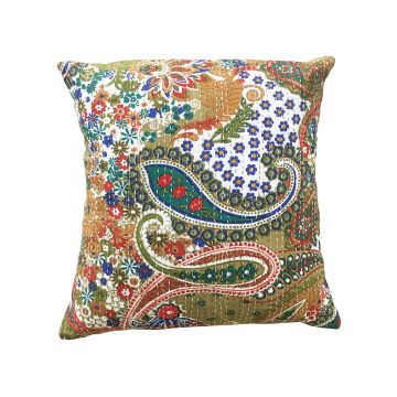 Rugsville Kantha Work Paisley Cotton Olive Green Multi Cushion cover 16"x16"