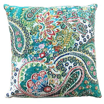 Rugsville Kantha Work Paisley Cotton Turquise Multi Cushion cover 16"x16"