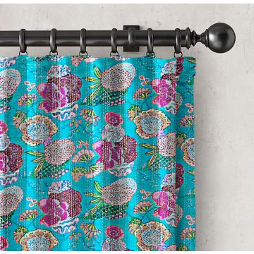 Rugsville Floral Kantha Cotton Blue 7 feet Eyelet Fruit Curtain