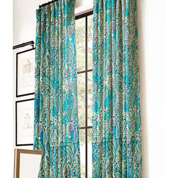 Rugsville Floral Kantha Cotton Blue 7 feet Eyelet Paisley Curtain