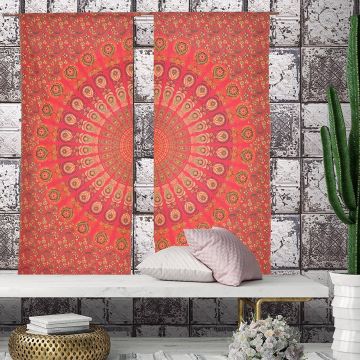 Rugsville Cotton Mandala Peacock Design 7 feet Eyelet Pink Tapestry Curtain 