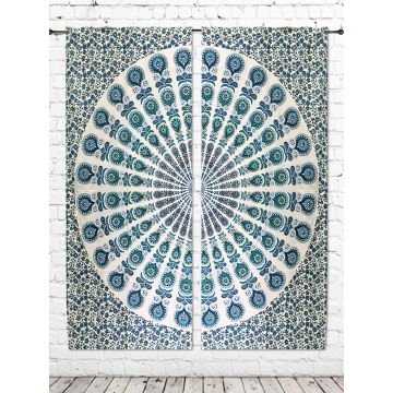 Rugsvile Cotton Mandala Peacock Design 7 feet Eyelet Blue Tapestry Curtain 