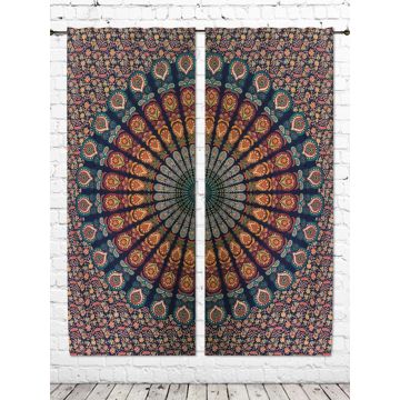 Rugsville Cotton Mandala Peacock Design 7 feet Eyelet Rust Tapestry Curtain 