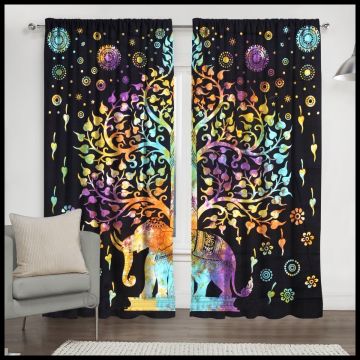 Rugsville Cotton Elephant Tree Design 7 feet Eyelet Multi Color Tapestry Curtain .