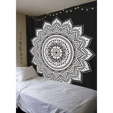Rugsville Wall Hanging Mandala  Room Decoration Gad Ombre Flower Black and White Tapestry 84 X 54 Inches