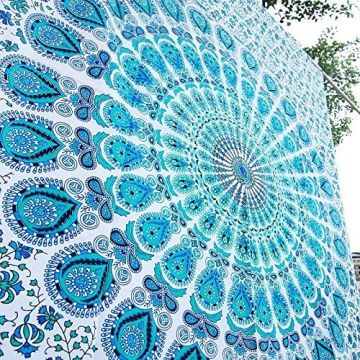 Rugsville Wall Hanging Mandala  Room Decoration Peacock Wing White and Turquoise Tapestry 84 X 54 Inches