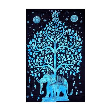 Rugsville Wall Hanging Mandala  Room Decoration Tree On Elephant Blank and Turquoise Tapestry 84 X 54 Inches