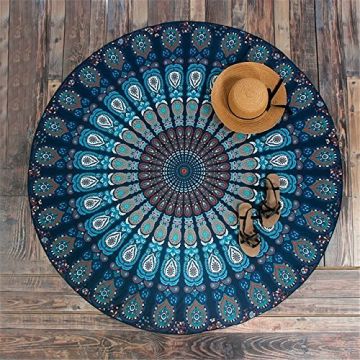 Rugsville Mandala Bohemian Psychedelic Beach Yoga Picnic Throw Towel Peacock Wing Blue Round Tapestry 72 inches