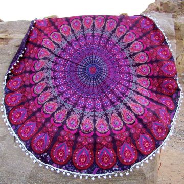 Rugsville Mandala Bohemian Psychedelic Beach Yoga Picnic Throw Towel Peacock Wing Lavender Round Tapestry 72 inches