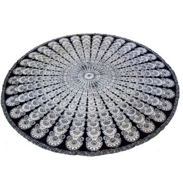 Rugsville Mandala Bohemian Psychedelic Beach Yoga Picnic Throw Towel Peacock Wing Black and White Round Tapestry 72 inches