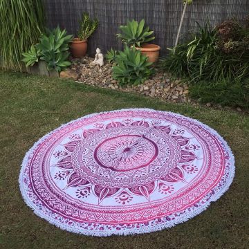 Rugsville Mandala Bohemian Psychedelic Beach Yoga Picnic Throw Towel Diya Baati Pink Round Tapestry 72 inches