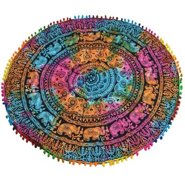 Rugsville Mandala Bohemian Psychedelic Beach Yoga Picnic Throw Towel Elephant Multi Color Round Tapestry 72 inches