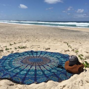Rugsville Mandala Bohemian Psychedelic Beach Yoga Garden Throw Towel Mat Peacock Wing Blue Round Tapestry 50 inches