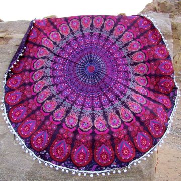 Rugsville Mandala Bohemian Psychedelic Beach Yoga Garden Throw Towel Mat Peacock Wing Lavender Round Tapestry 50 inches