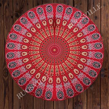 Rugsville Mandala Bohemian Psychedelic Beach Yoga Garden Throw Towel Mat Peacock Wing Red Round Tapestry 50 inches