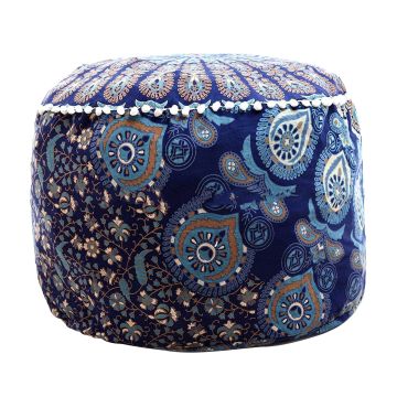 Rugsville Bohemian Mandala Blue Fine Cotton Ottoman Pouf Cover 14 x 24 Inch