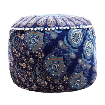 Rugsville Bohemian Mandala Blue Fine Cotton Ottoman Pouf Cover 14 x 24 Inch