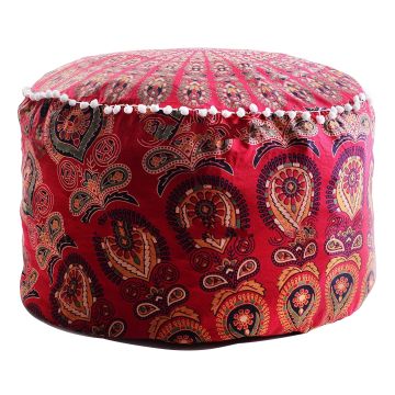 Rugsville Bohemian Mandala Red Fine Cotton Ottoman Pouf Cover  14 x 24 Inch