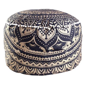 Rugsville Bohemian Mandala Black Fine Cotton Ottoman Pouf Cover 14 x 24 Inch