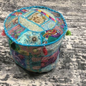 Rajasthani Vintage Patchwork Handmade Ottoman Pouf Cover 18" Round 51150
