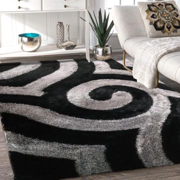 Rugsville Prisha Contemporary Abstract Black Handmade Shag Carpet  63309