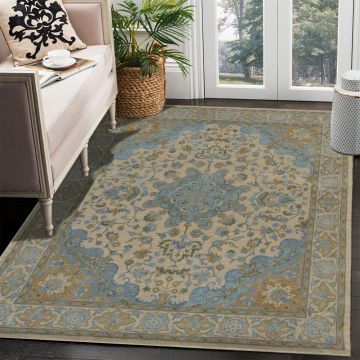 Rugsville Heriz Blue Beige Hand Knotted Wool Persian Carpet  63351