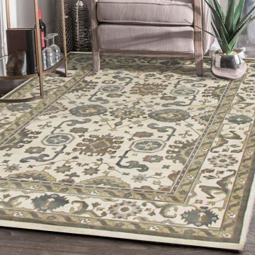 Rugsville Oushaks Traditional Floral Ivory Wool Persian Carpet 63396 