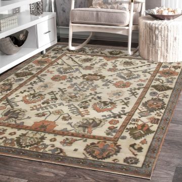Rugsville Oushaks Traditional Floral Ivory Wool Persian Carpet 63404 