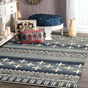 Rugsville Larkin Tribal Blue Geometric Persian Carpet 5'3" x 7'6"
