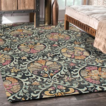 Rugsville Nylah Black Floral Designer Transitional Carpet 5'4" x 7'8"