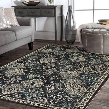 Rugsville Roselyn Floral Black Modern Carpet 5'3" x 8'